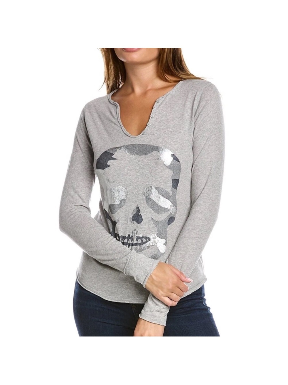 ZADIG & VOLTAIRE Tunisien Camo Strass Skull Henley Grey